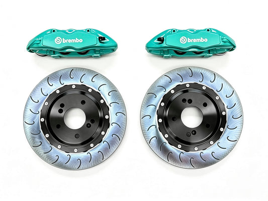 Teal Brembo F50 calipers and 330mm two piece slotted discs for Honda S2000