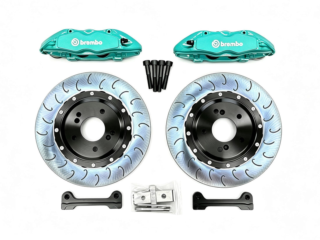 Brembo F50 big brake kit for the Honda S2000 AP1 AP2 with custom teal calipers, 330mm discs and brackets
