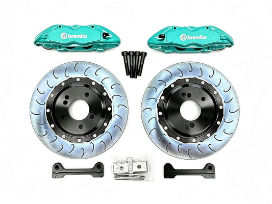 Brembo F50 big brake kit for the Honda S2000 AP1 AP2 with custom teal calipers, 330mm discs and brackets
