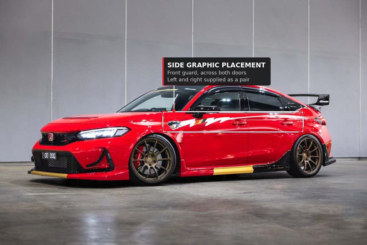 Diagram showing where the Mugen style side graphic decal sits on a Honda Civic Type R FL5