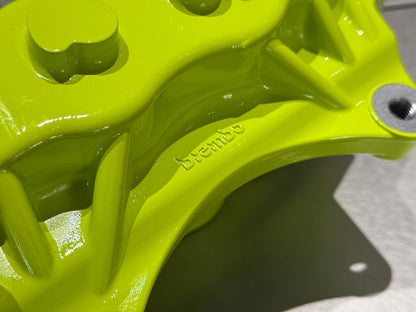 Cast Brembo detail on the caliper body, finish close up