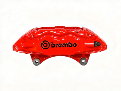 Single red Brembo F50 caliper, outer face with black Brembo logo