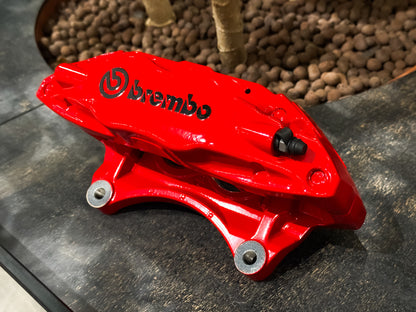 Gloss red finish on a rebuilt Brembo F50 caliper body