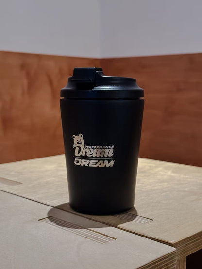 Dream Performance x Fressko 12oz coffee cup in black with laser engraved bear logo
