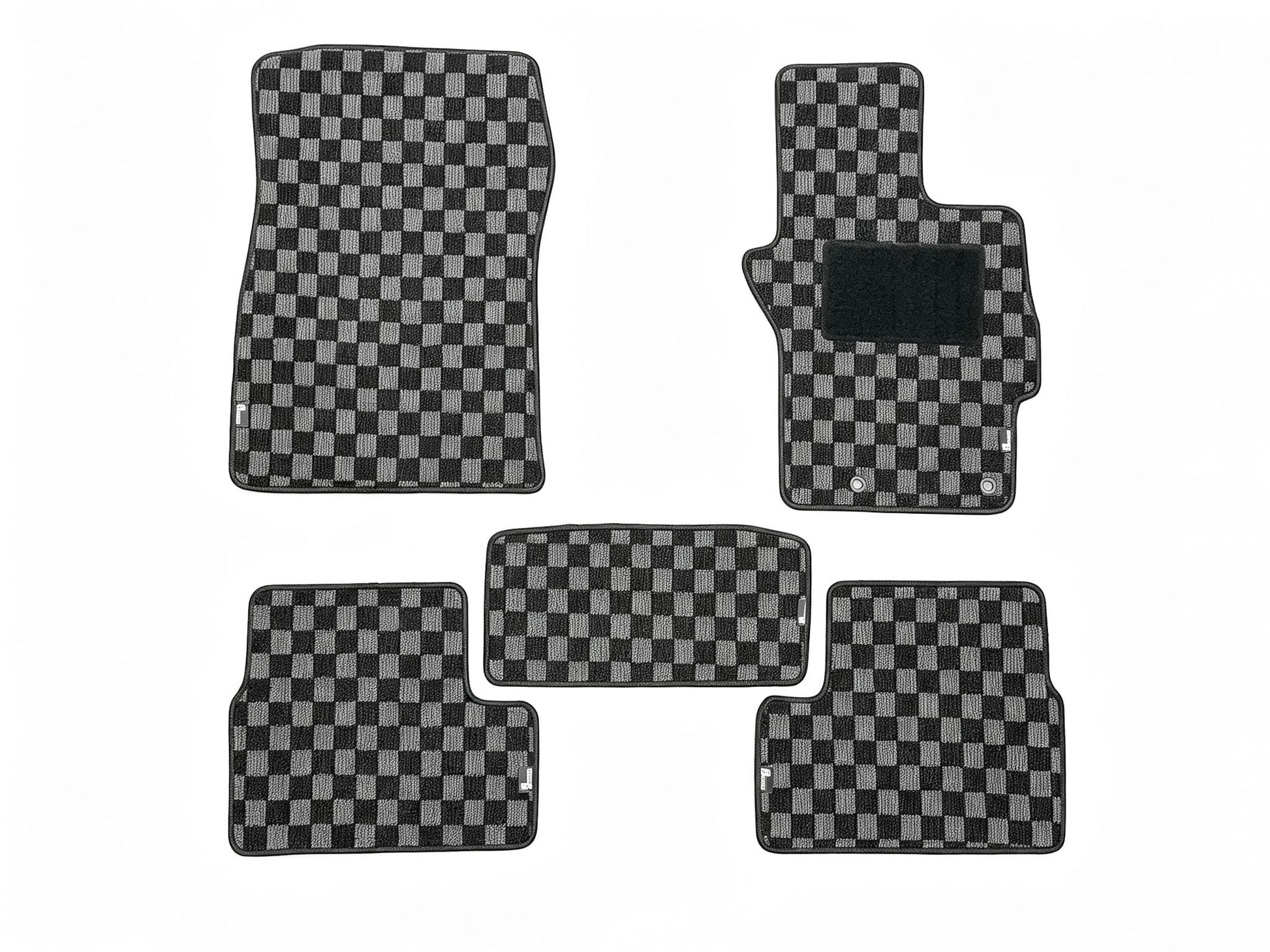 Mitsubishi Lancer Evolution X CZ4A five piece grey and black checker floor mat set laid out