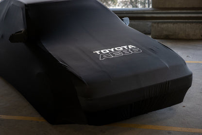 Close up of the TOYOTA AE86 bonnet print on the Trueno Levin car cover